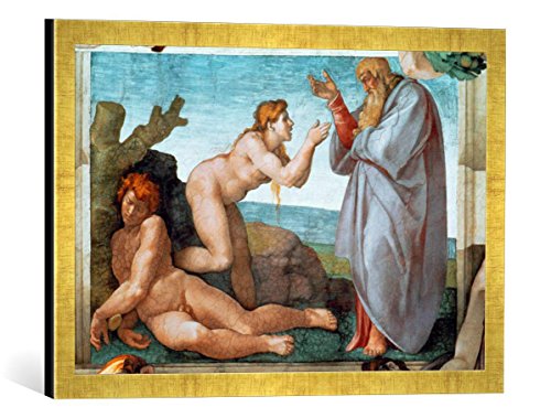 Gerahmtes Bild von Michelangelo Buonarroti Die Erschaffung Evas, Kunstdruck im hochwertigen handgefertigten Bilder-Rahmen, 60x40 cm, Gold Raya von kunst für alle