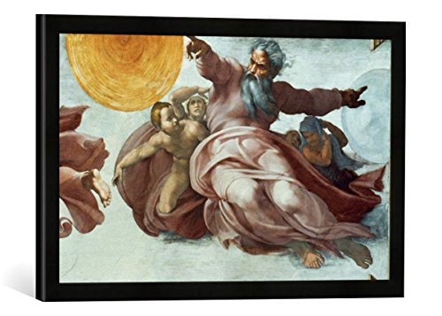 Gerahmtes Bild von Michelangelo Buonarroti Die Erschaffung von Sonne, Mond und Vegetation, Kunstdruck im hochwertigen handgefertigten Bilder-Rahmen, 60x40 cm, Schwarz matt von kunst für alle
