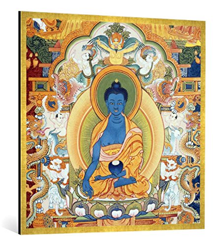 Gerahmtes Bild von Nepalese School Buddha der Medizin/nepales. Thangka, Kunstdruck im hochwertigen handgefertigten Bilder-Rahmen, 100x100 cm, Gold Raya von kunst für alle