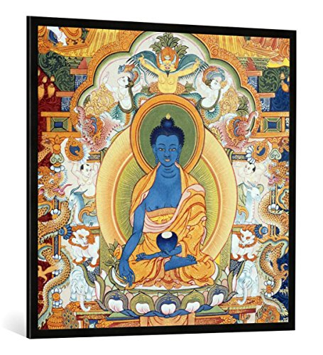 Gerahmtes Bild von Nepalese School Buddha der Medizin/nepales. Thangka, Kunstdruck im hochwertigen handgefertigten Bilder-Rahmen, 100x100 cm, Schwarz matt von kunst für alle