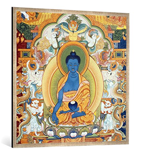 Gerahmtes Bild von Nepalese School Buddha der Medizin/nepales. Thangka, Kunstdruck im hochwertigen handgefertigten Bilder-Rahmen, 100x100 cm, Silber Raya von kunst für alle