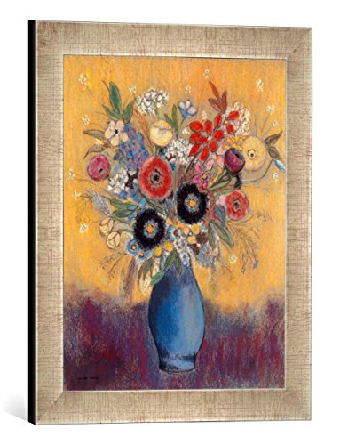 Gerahmtes Bild von Odilon Redon Fleurs Dans un vase bleu, Kunstdruck im hochwertigen handgefertigten Bilder-Rahmen, 30x40 cm, Silber Raya von kunst für alle