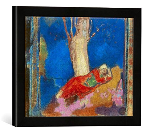 Gerahmtes Bild von Odilon Redon Frau, unter einem Baum schlafend, Kunstdruck im hochwertigen handgefertigten Bilder-Rahmen, 40x30 cm, Schwarz matt von kunst für alle