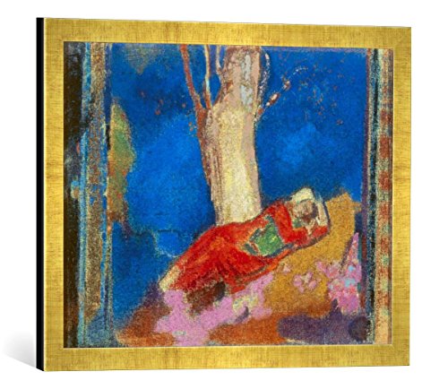 Gerahmtes Bild von Odilon Redon Frau, unter einem Baum schlafend, Kunstdruck im hochwertigen handgefertigten Bilder-Rahmen, 60x40 cm, Gold Raya von kunst für alle