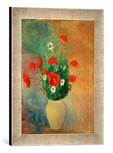 Gerahmtes Bild von Odilon Redon Vase mit rotem Mohn, Kunstdruck im hochwertigen handgefertigten Bilder-Rahmen, 30x40 cm, Silber Raya von kunst für alle