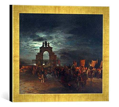 Gerahmtes Bild von Oswald Achenbach Nächtliches Fest der Santa Lucia, Kunstdruck im hochwertigen handgefertigten Bilder-Rahmen, 40x30 cm, Gold Raya von kunst für alle