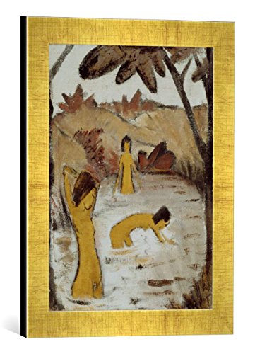Gerahmtes Bild von Otto Mueller DREI Badende im Teich, Kunstdruck im hochwertigen handgefertigten Bilder-Rahmen, 30x40 cm, Gold Raya von kunst für alle