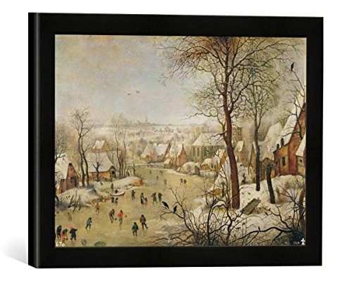 Gerahmtes Bild von P. Brueghel The Younger (wahrscheinlich) Winter Landscape with Bird Trap, Kunstdruck im hochwertigen handgefertigten Bilder-Rahmen, 40x30 cm, Schwarz matt von kunst für alle