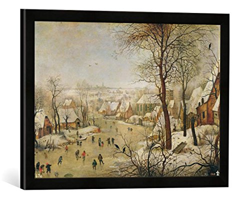 Gerahmtes Bild von P. Brueghel The Younger (wahrscheinlich) Winter Landscape with Bird Trap, Kunstdruck im hochwertigen handgefertigten Bilder-Rahmen, 60x40 cm, Schwarz matt von kunst für alle