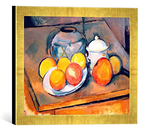 Gerahmtes Bild von Paul Cézanne Straw-Covered vase, Sugar Bowl and Apples, 1890-93", Kunstdruck im hochwertigen handgefertigten Bilder-Rahmen, 40x30 cm, Gold Raya von kunst für alle