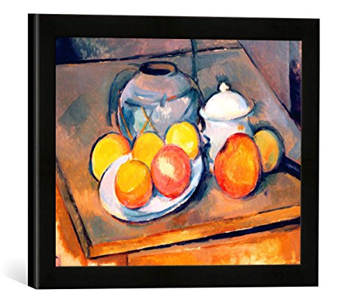 Gerahmtes Bild von Paul Cézanne Straw-Covered vase, Sugar Bowl and Apples, 1890-93", Kunstdruck im hochwertigen handgefertigten Bilder-Rahmen, 40x30 cm, Schwarz matt von kunst für alle