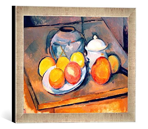 Gerahmtes Bild von Paul Cézanne Straw-Covered vase, Sugar Bowl and Apples, 1890-93", Kunstdruck im hochwertigen handgefertigten Bilder-Rahmen, 40x30 cm, Silber Raya von kunst für alle