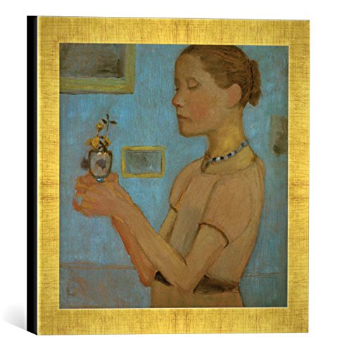 Gerahmtes Bild von Paula Modersohn-Becker Junges Mädchen mit gelben Blumen im Glas, Kunstdruck im hochwertigen handgefertigten Bilder-Rahmen, 30x30 cm, Gold Raya von kunst für alle