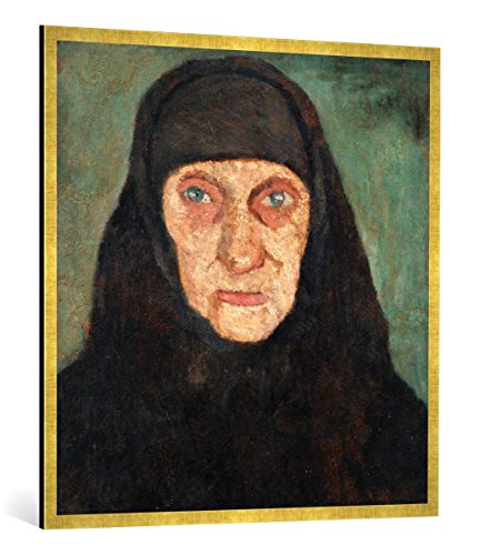 Gerahmtes Bild von Paula Modersohn-Becker Kopf Einer Alten Frau mit schwarzem Kopftuch, Kunstdruck im hochwertigen handgefertigten Bilder-Rahmen, 100x100 cm, Gold Raya von kunst für alle