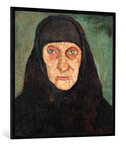 Gerahmtes Bild von Paula Modersohn-Becker Kopf Einer Alten Frau mit schwarzem Kopftuch, Kunstdruck im hochwertigen handgefertigten Bilder-Rahmen, 100x100 cm, Schwarz matt von kunst für alle