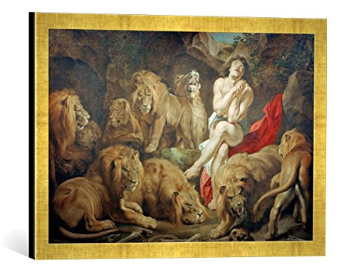 Gerahmtes Bild von Peter Paul Rubens Daniel in der Löwengrube, Kunstdruck im hochwertigen handgefertigten Bilder-Rahmen, 60x40 cm, Gold Raya von kunst für alle