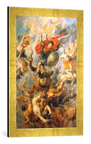 Gerahmtes Bild von Peter Paul Rubens Der Engelsturz. Erzengel Michael im Kampf gegen die abtrünnigen Engel, Kunstdruck im hochwertigen handgefertigten Bilder-Rahmen, 40x60 cm, Gold Raya von kunst für alle