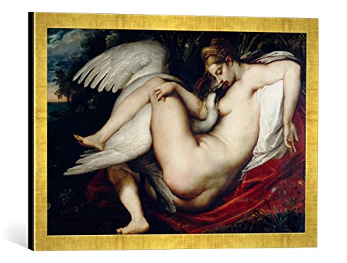 Gerahmtes Bild von Peter Paul Rubens Leda mit dem Schwan, Kunstdruck im hochwertigen handgefertigten Bilder-Rahmen, 60x40 cm, Gold Raya von kunst für alle