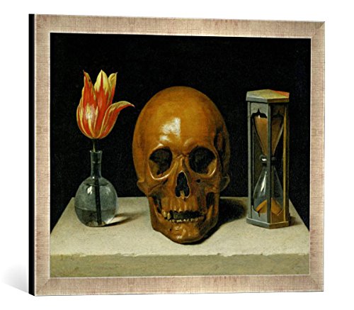 Gerahmtes Bild von Philippe de Champaigne Vanitas, Allegorie der Vergänglichkeit mit Totenkopf und Stundenglas, Kunstdruck im hochwertigen handgefertigten Bilder-Rahmen, 60x40 cm, Silber Raya von kunst für alle