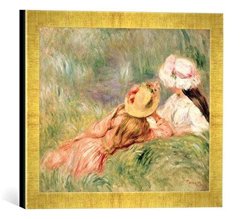 Gerahmtes Bild von Pierre Auguste Renoir Young Girls on The River Bank, Kunstdruck im hochwertigen handgefertigten Bilder-Rahmen, 40x30 cm, Gold Raya von kunst für alle