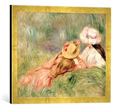 Gerahmtes Bild von Pierre Auguste Renoir Young Girls on The River Bank, Kunstdruck im hochwertigen handgefertigten Bilder-Rahmen, 60x40 cm, Gold Raya von kunst für alle