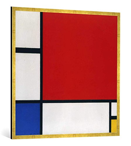 Gerahmtes Bild von Piet Mondrian Komposition mit Rot, Gelb und Blau, Kunstdruck im hochwertigen handgefertigten Bilder-Rahmen, 100x100 cm, Gold Raya von kunst für alle