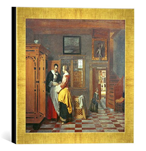 Gerahmtes Bild von Pieter de Hooch Am Wäscheschrank, Kunstdruck im hochwertigen handgefertigten Bilder-Rahmen, 30x30 cm, Gold Raya von kunst für alle