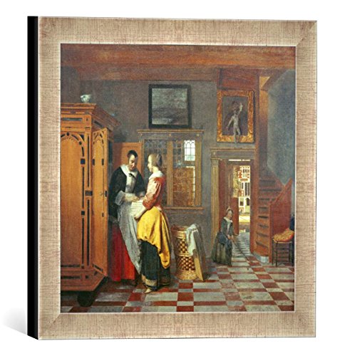 Gerahmtes Bild von Pieter de Hooch Am Wäscheschrank, Kunstdruck im hochwertigen handgefertigten Bilder-Rahmen, 30x30 cm, Silber Raya von kunst für alle