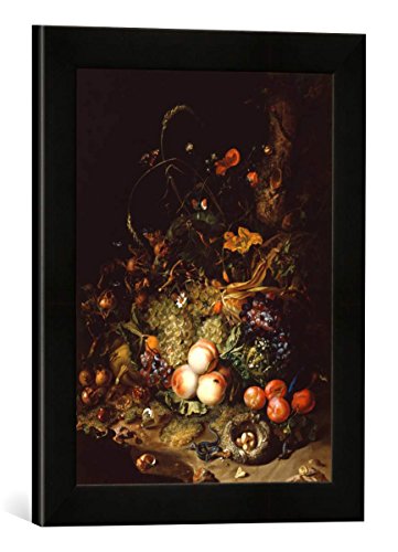 Gerahmtes Bild von Rachel Ruysch Stilleben mit Blumen, Früchten und Insekten, Kunstdruck im hochwertigen handgefertigten Bilder-Rahmen, 30x40 cm, Schwarz matt von kunst für alle