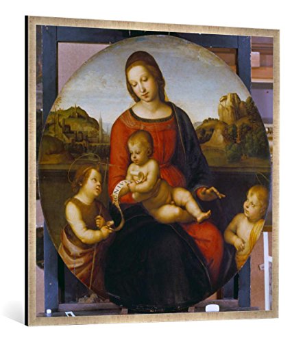 Gerahmtes Bild von Raffael Maria mit dem Kind und dem kleinen Johannes dem Täufer - Madonna Terranuova, Kunstdruck im hochwertigen handgefertigten Bilder-Rahmen, 100x100 cm, Silber Raya von kunst für alle