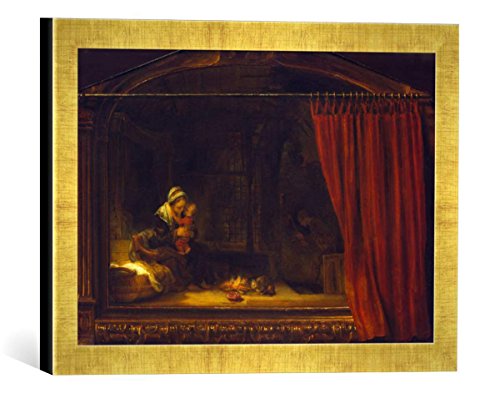 Gerahmtes Bild von Rembrandt Harmensz van Rijn "Die heilige Familie mit einem gemalten Rahmen und Vorhang - sog. Holzhackerfamilie", Kunstdruck im hochwertigen handgefertigten Bilder-Rahmen, 40x30 cm, Gold Raya von kunst für alle