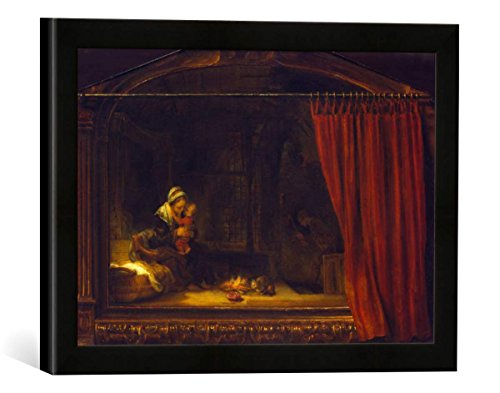 Gerahmtes Bild von Rembrandt Harmensz van Rijn "Die heilige Familie mit einem gemalten Rahmen und Vorhang - sog. Holzhackerfamilie", Kunstdruck im hochwertigen handgefertigten Bilder-Rahmen, 40x30 cm, Schwarz matt von kunst für alle
