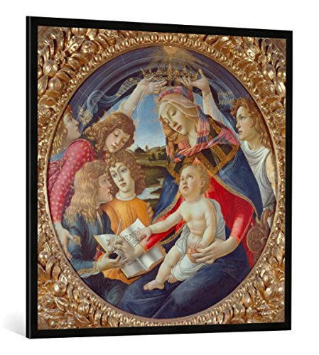 Gerahmtes Bild von Sandro Botticelli Maria mit Kind und fünf Engeln (Madonna del Magnificat). Tondo, Kunstdruck im hochwertigen handgefertigten Bilder-Rahmen, 100x100 cm, Schwarz matt von kunst für alle