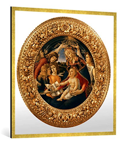 Gerahmtes Bild von Sandro Botticelli Maria mit Kind und fünf Engeln, Kunstdruck im hochwertigen handgefertigten Bilder-Rahmen, 100x100 cm, Gold Raya von kunst für alle