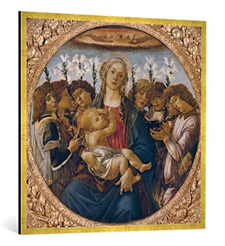 Gerahmtes Bild von Sandro Botticelli Maria mit dem Kind und singenden Engeln, Kunstdruck im hochwertigen handgefertigten Bilder-Rahmen, 100x100 cm, Gold Raya von kunst für alle