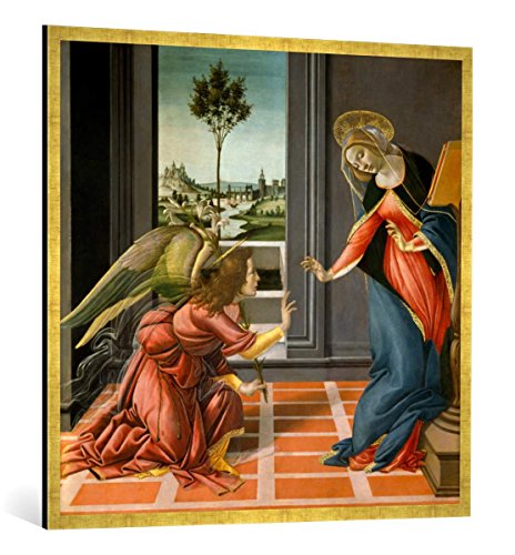 Gerahmtes Bild von Sandro Botticelli Verkündigung, Kunstdruck im hochwertigen handgefertigten Bilder-Rahmen, 100x100 cm, Gold Raya von kunst für alle