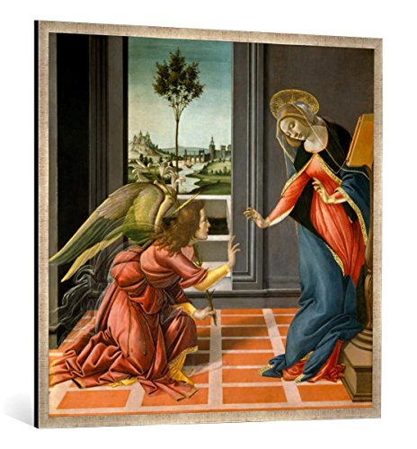 Gerahmtes Bild von Sandro Botticelli Verkündigung, Kunstdruck im hochwertigen handgefertigten Bilder-Rahmen, 100x100 cm, Silber Raya von kunst für alle