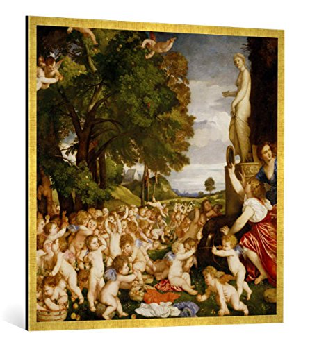 Gerahmtes Bild von Tizian Das Venusfest, Kunstdruck im hochwertigen handgefertigten Bilder-Rahmen, 100x100 cm, Gold Raya von kunst für alle