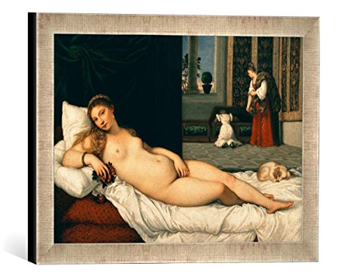 Gerahmtes Bild von Tizian Ruhende Venus, Kunstdruck im hochwertigen handgefertigten Bilder-Rahmen, 40x30 cm, Silber Raya von kunst für alle