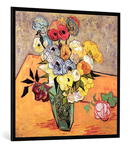 Gerahmtes Bild von Vincent Van Gogh Stilleben mit japanischer Vase, Rosen und Anemonen, Kunstdruck im hochwertigen handgefertigten Bilder-Rahmen, 100x100 cm, Schwarz matt von kunst für alle