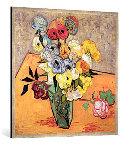 Gerahmtes Bild von Vincent Van Gogh Stilleben mit japanischer Vase, Rosen und Anemonen, Kunstdruck im hochwertigen handgefertigten Bilder-Rahmen, 100x100 cm, Silber Raya von kunst für alle