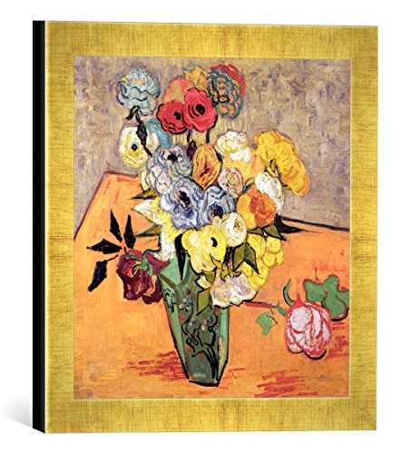 Gerahmtes Bild von Vincent Van Gogh Stilleben mit japanischer Vase, Rosen und Anemonen, Kunstdruck im hochwertigen handgefertigten Bilder-Rahmen, 30x30 cm, Gold Raya von kunst für alle