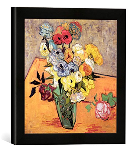 Gerahmtes Bild von Vincent Van Gogh Stilleben mit japanischer Vase, Rosen und Anemonen, Kunstdruck im hochwertigen handgefertigten Bilder-Rahmen, 30x30 cm, Schwarz matt von kunst für alle