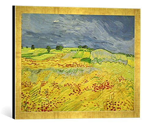 Gerahmtes Bild von Vincent Van Gogh Weizenfeld mit Gewitterhimmel, Kunstdruck im hochwertigen handgefertigten Bilder-Rahmen, 60x40 cm, Gold Raya von kunst für alle