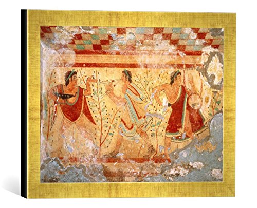 Gerahmtes Bild von Wandmalerei Etrusk. Malerei, Diener und Musikanten, Kunstdruck im hochwertigen handgefertigten Bilder-Rahmen, 40x30 cm, Gold Raya von kunst für alle