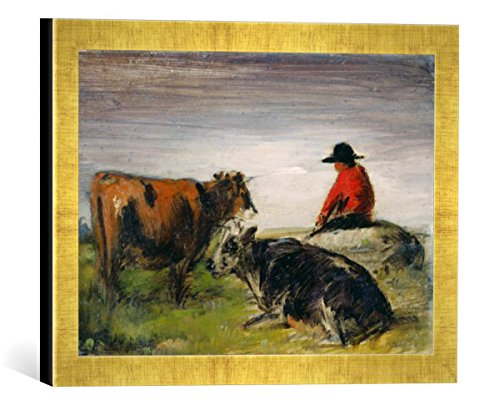 Gerahmtes Bild von Wilhelm Busch Hirte mit Kühen, Kunstdruck im hochwertigen handgefertigten Bilder-Rahmen, 40x30 cm, Gold Raya von kunst für alle