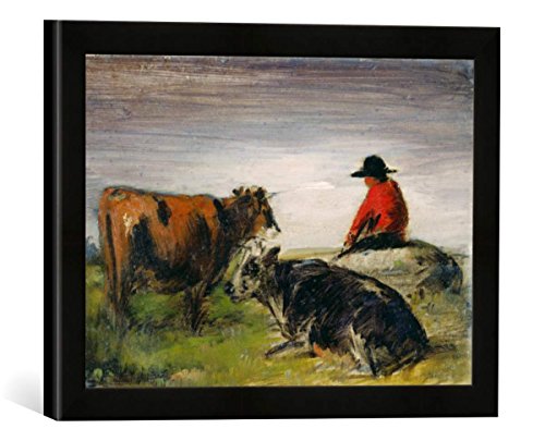 Gerahmtes Bild von Wilhelm Busch Hirte mit Kühen, Kunstdruck im hochwertigen handgefertigten Bilder-Rahmen, 40x30 cm, Schwarz matt von kunst für alle