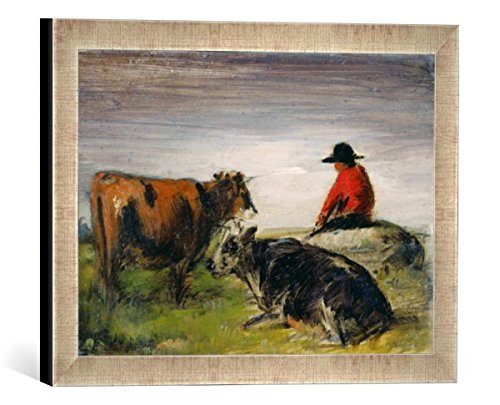 Gerahmtes Bild von Wilhelm Busch Hirte mit Kühen, Kunstdruck im hochwertigen handgefertigten Bilder-Rahmen, 40x30 cm, Silber Raya von kunst für alle