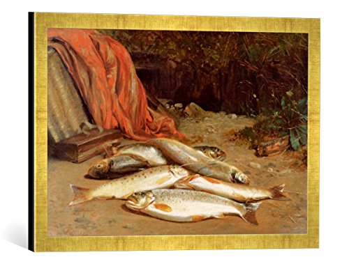 Gerahmtes Bild von William Geddes Brown Trout on a River Bank, Kunstdruck im hochwertigen handgefertigten Bilder-Rahmen, 60x40 cm, Gold Raya von kunst für alle