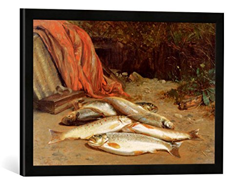 Gerahmtes Bild von William Geddes Brown Trout on a River Bank, Kunstdruck im hochwertigen handgefertigten Bilder-Rahmen, 60x40 cm, Schwarz matt von kunst für alle